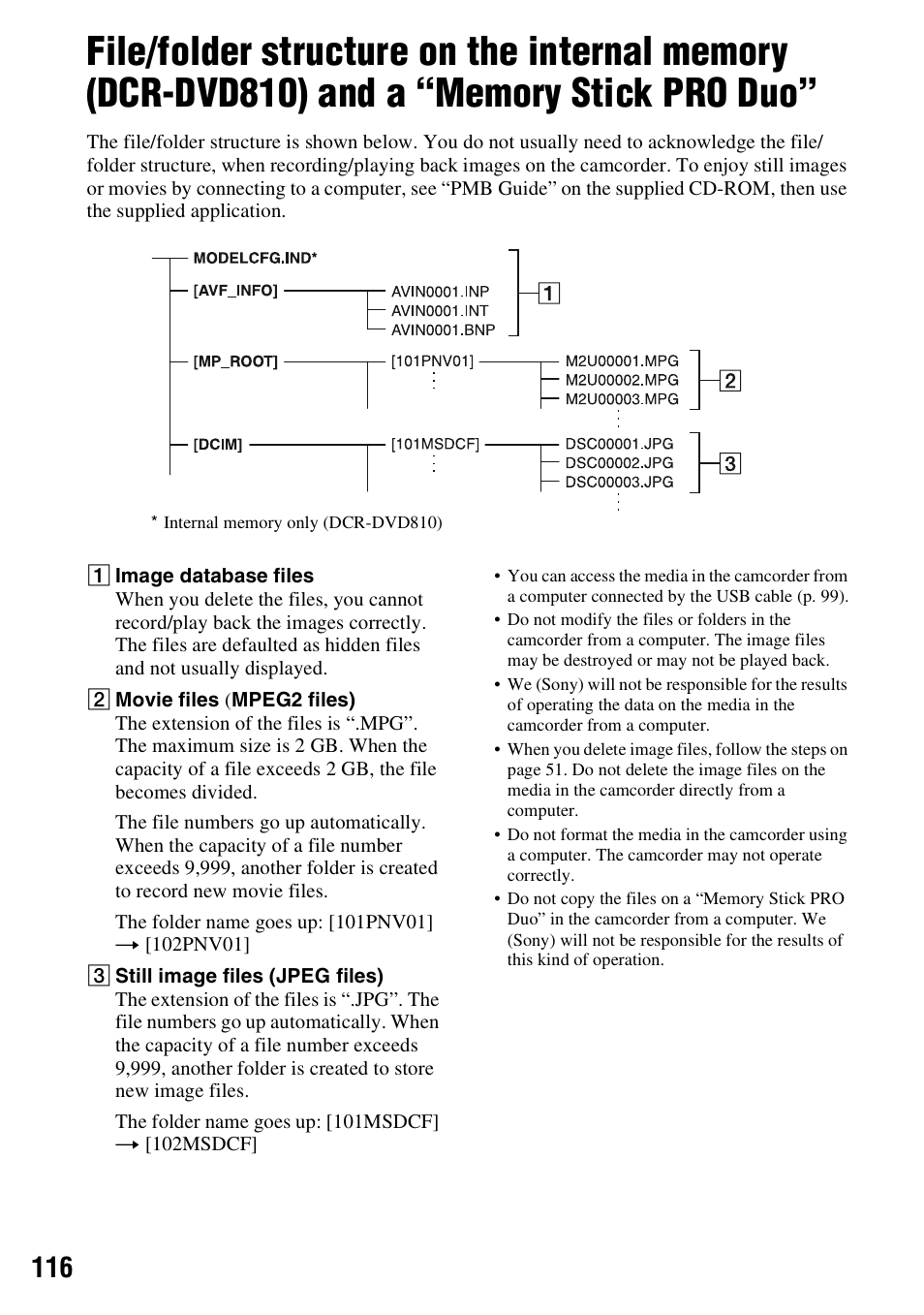 File/folder structure on the internal, Memory (dcr-dvd810) and a “memory stick pro duo | Sony DCR-DVD710 User Manual | Page 116 / 159