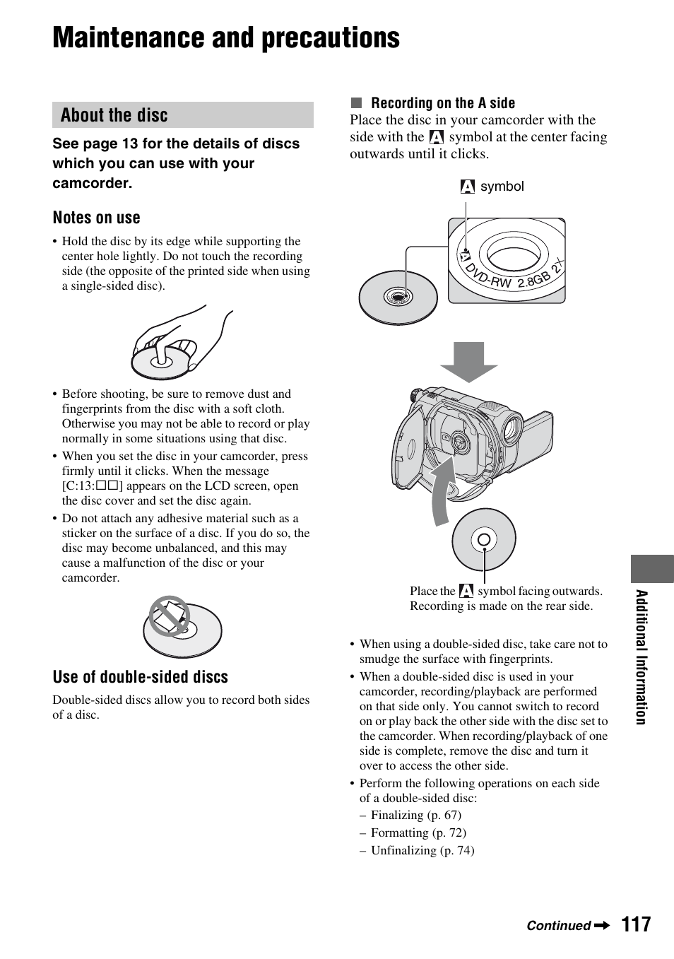 Maintenance and precautions, About the disc, P. 117) | Sony DCR-DVD710 User Manual | Page 117 / 159