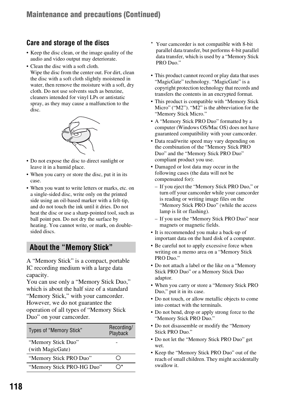 About the “memory stick, Cloth (p. 118, P. 118) | H (p. 118, P. 118, Maintenance and precautions (continued), Care and storage of the discs | Sony DCR-DVD710 User Manual | Page 118 / 159