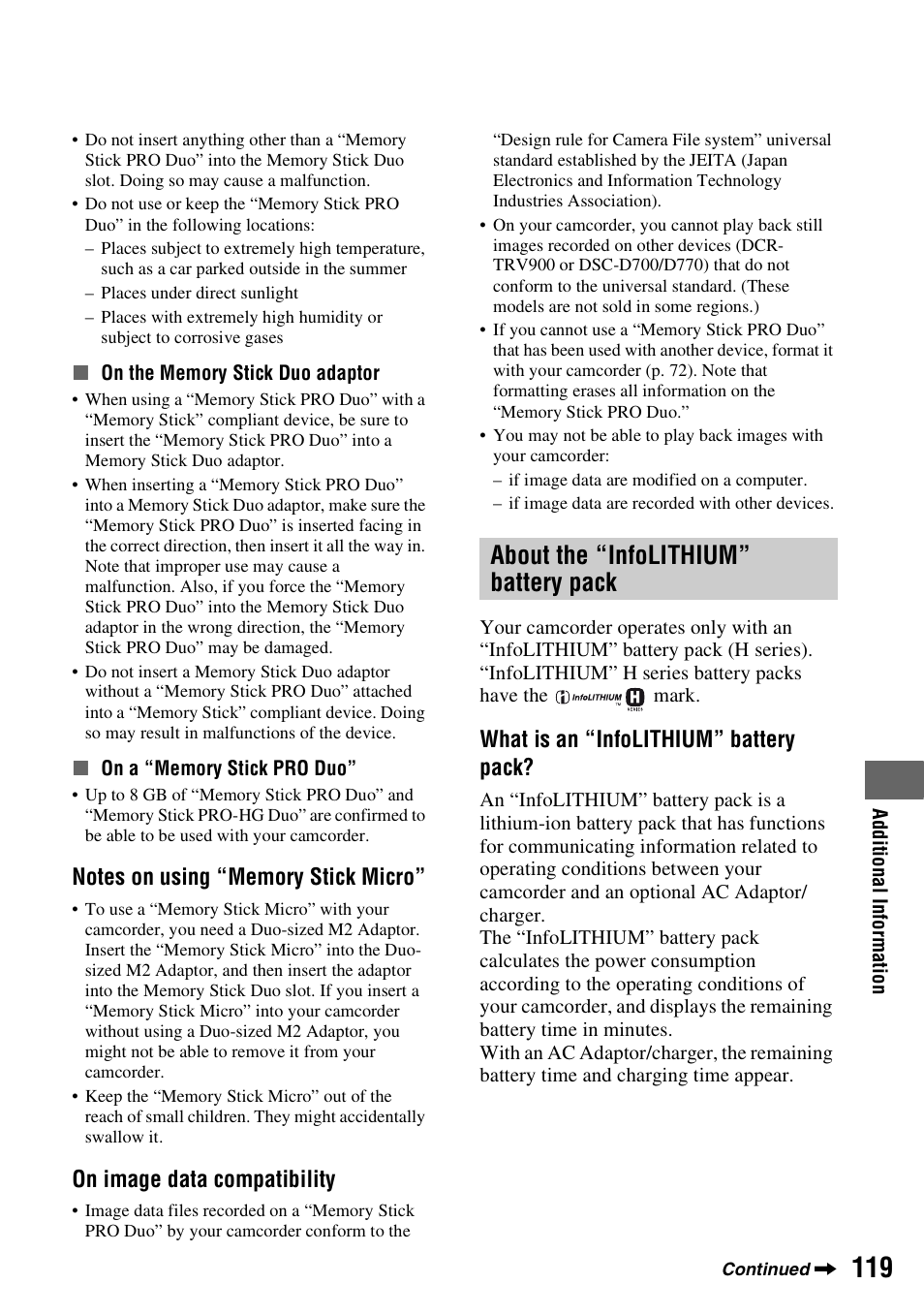 About the “infolithium” battery pack, About the “infolithium” battery, Pack | P. 119), On image data compatibility, What is an “infolithium” battery pack | Sony DCR-DVD710 User Manual | Page 119 / 159