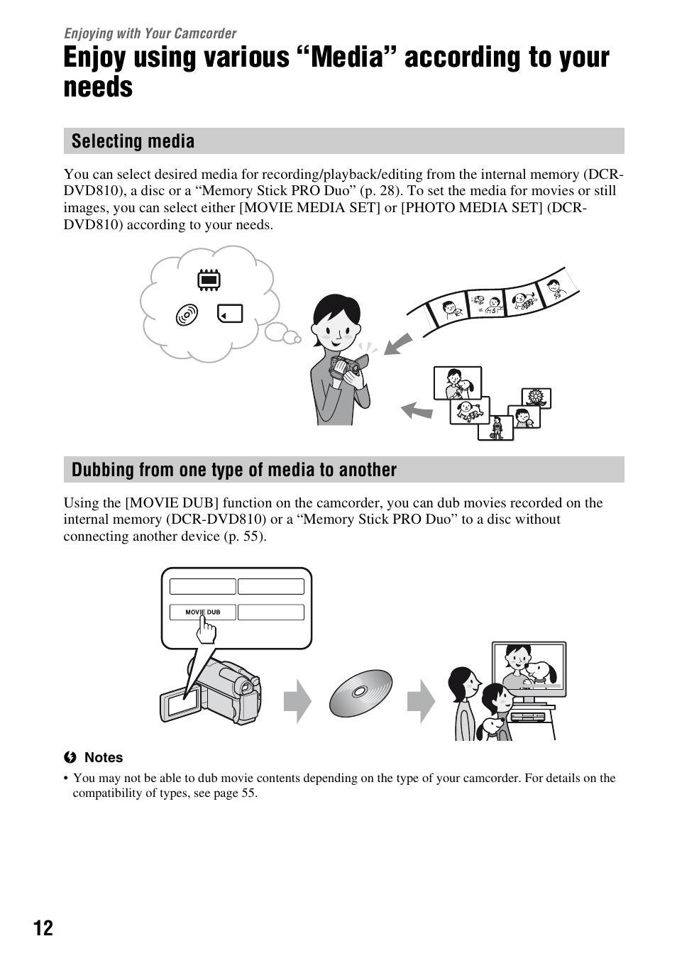 Enjoying with your camcorder, Enjoying with your, Camcorder | Rding, Enjoy using various “media, According to your needs | Sony DCR-DVD710 User Manual | Page 12 / 159