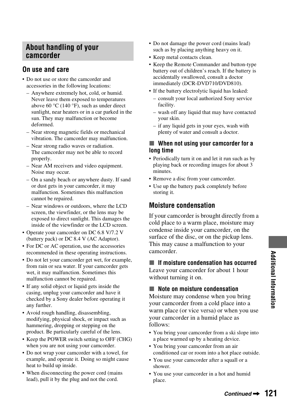 About handling of your camcorder, P. 121), On use and care | Moisture condensation | Sony DCR-DVD710 User Manual | Page 121 / 159
