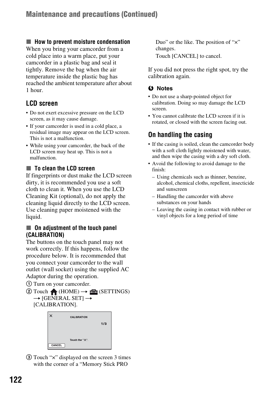 P. 122), Maintenance and precautions (continued), Lcd screen | On handling the casing | Sony DCR-DVD710 User Manual | Page 122 / 159