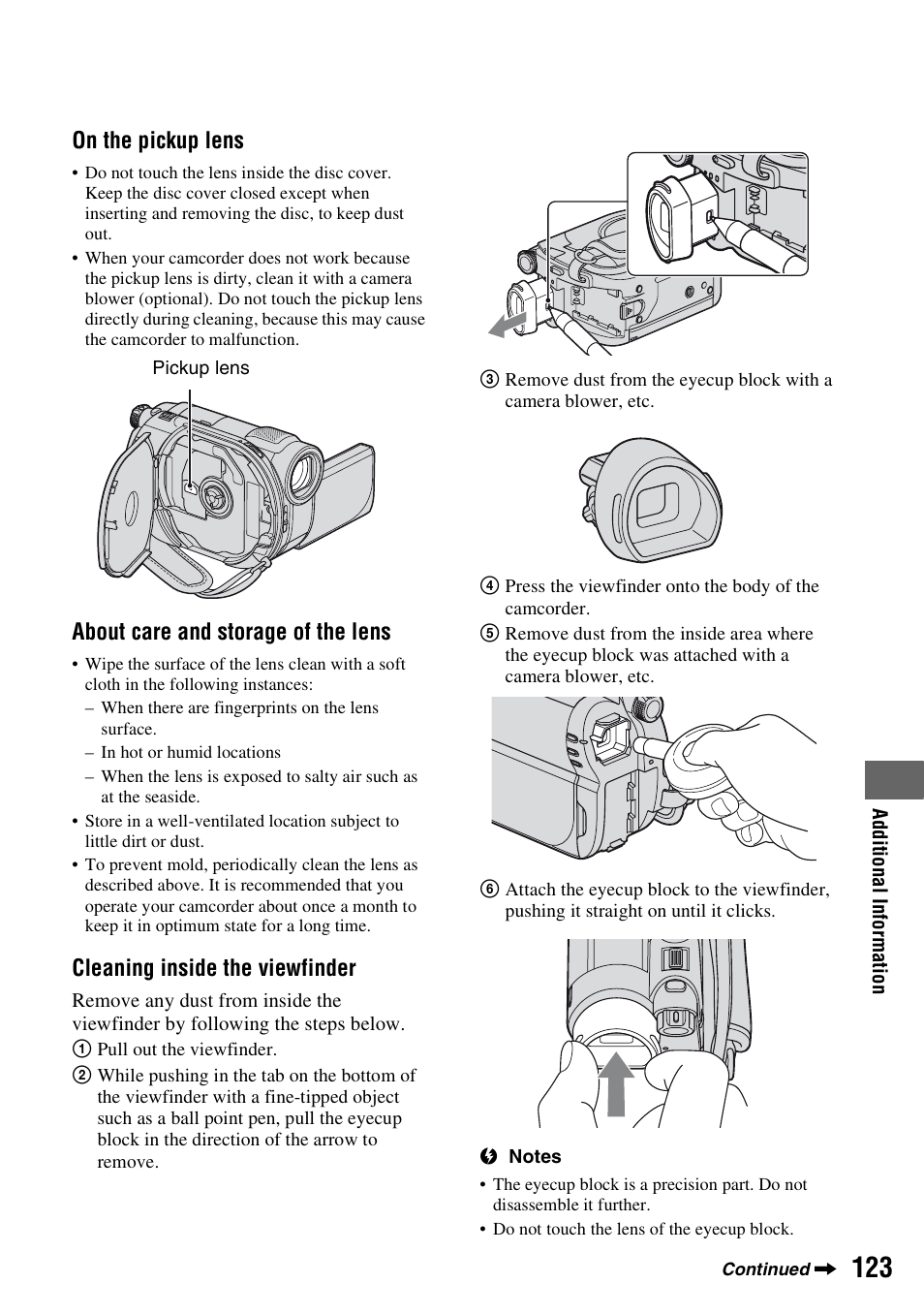 P. 123), On the pickup lens, About care and storage of the lens | Cleaning inside the viewfinder | Sony DCR-DVD710 User Manual | Page 123 / 159