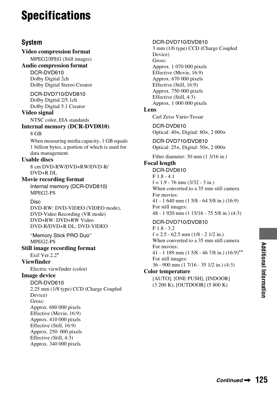 Specifications | Sony DCR-DVD710 User Manual | Page 125 / 159