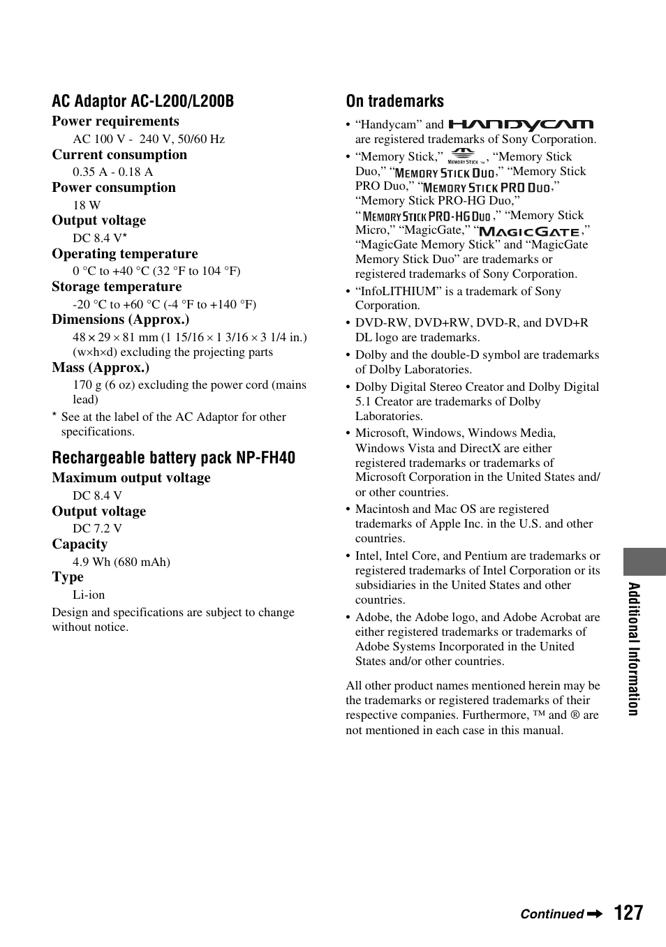 Rechargeable battery pack np-fh40, On trademarks | Sony DCR-DVD710 User Manual | Page 127 / 159