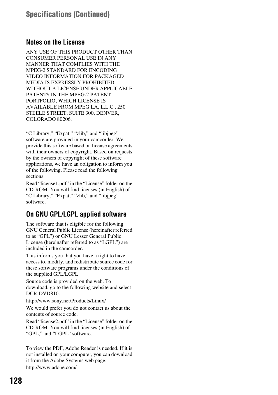 Specifications (continued) | Sony DCR-DVD710 User Manual | Page 128 / 159