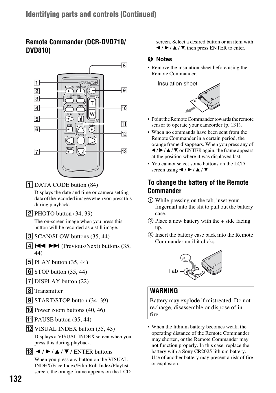 P. 132), P. 132, Identifying parts and controls (continued) | Warning | Sony DCR-DVD710 User Manual | Page 132 / 159