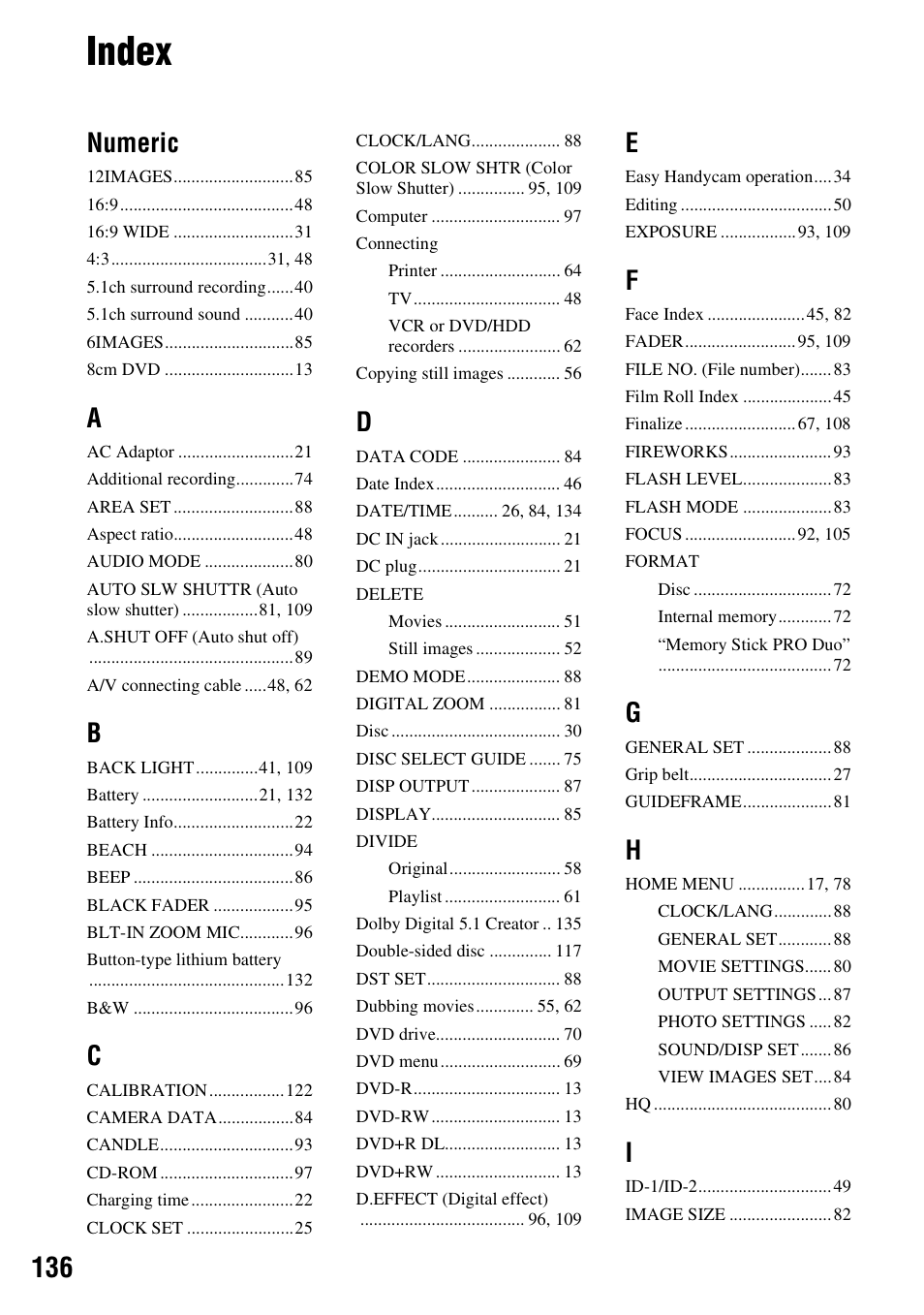 Index, Numeric | Sony DCR-DVD710 User Manual | Page 136 / 159