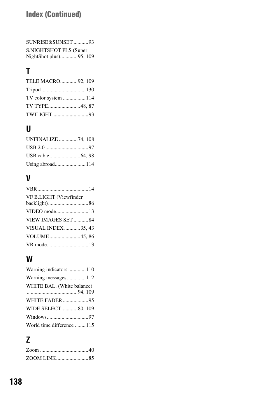 Index (continued) | Sony DCR-DVD710 User Manual | Page 138 / 159