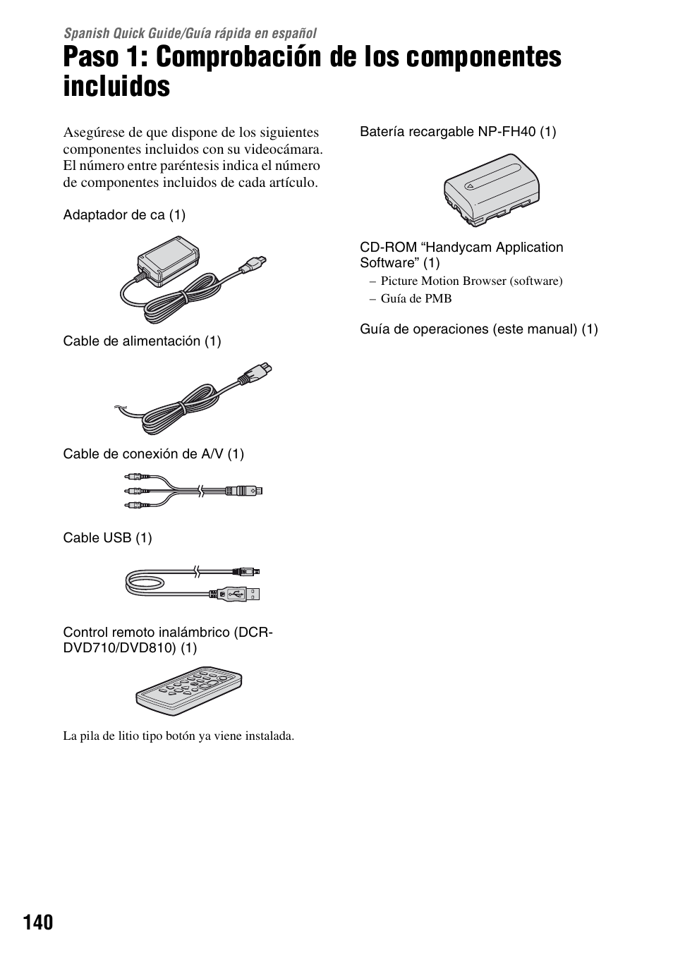 Paso 1: comprobación de los componentes incluidos, Spanish quick guide, Guía rápida en español | Sony DCR-DVD710 User Manual | Page 140 / 159