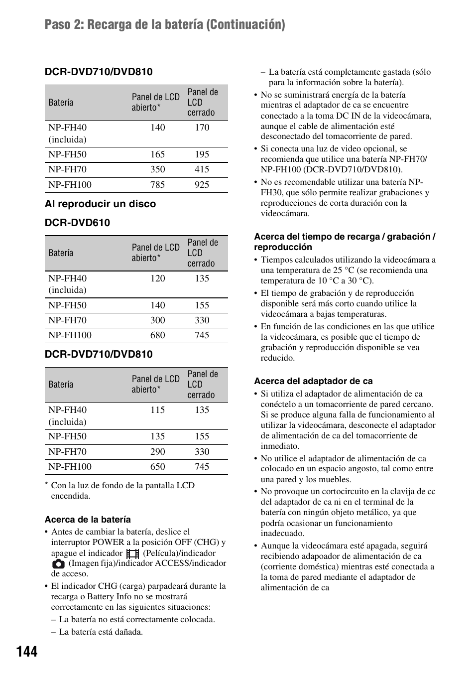 Paso 2: recarga de la batería (continuación) | Sony DCR-DVD710 User Manual | Page 144 / 159