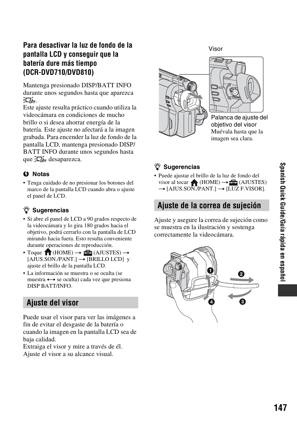 Ajuste del visor ajuste de la correa de sujeción | Sony DCR-DVD710 User Manual | Page 147 / 159