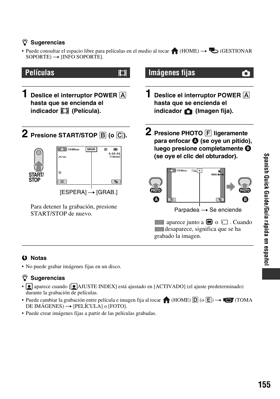 Películas, Imágenes fijas | Sony DCR-DVD710 User Manual | Page 155 / 159