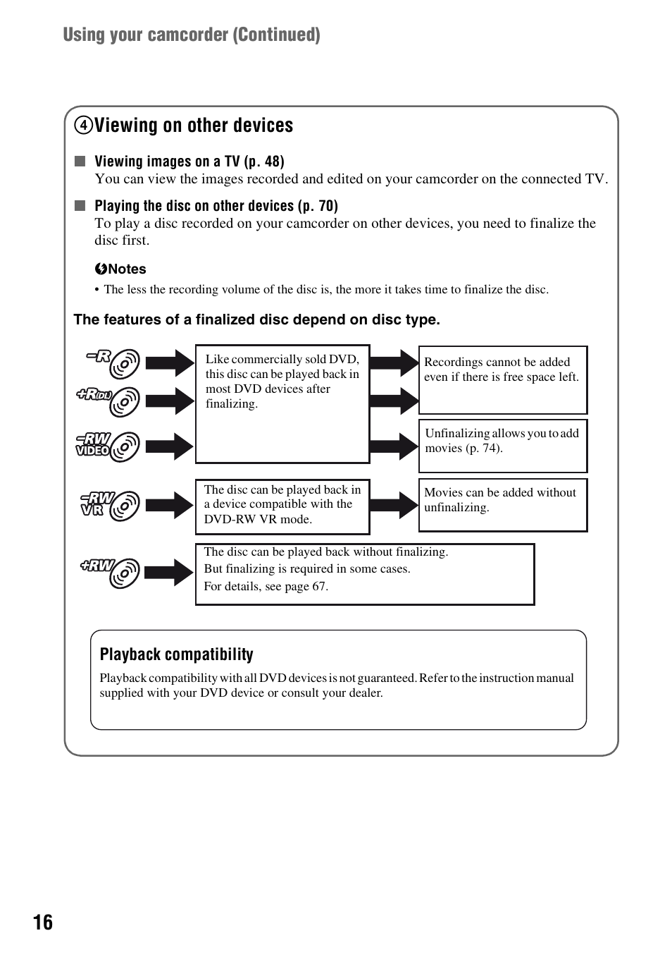 4viewing on other devices, Using your camcorder (continued) | Sony DCR-DVD710 User Manual | Page 16 / 159