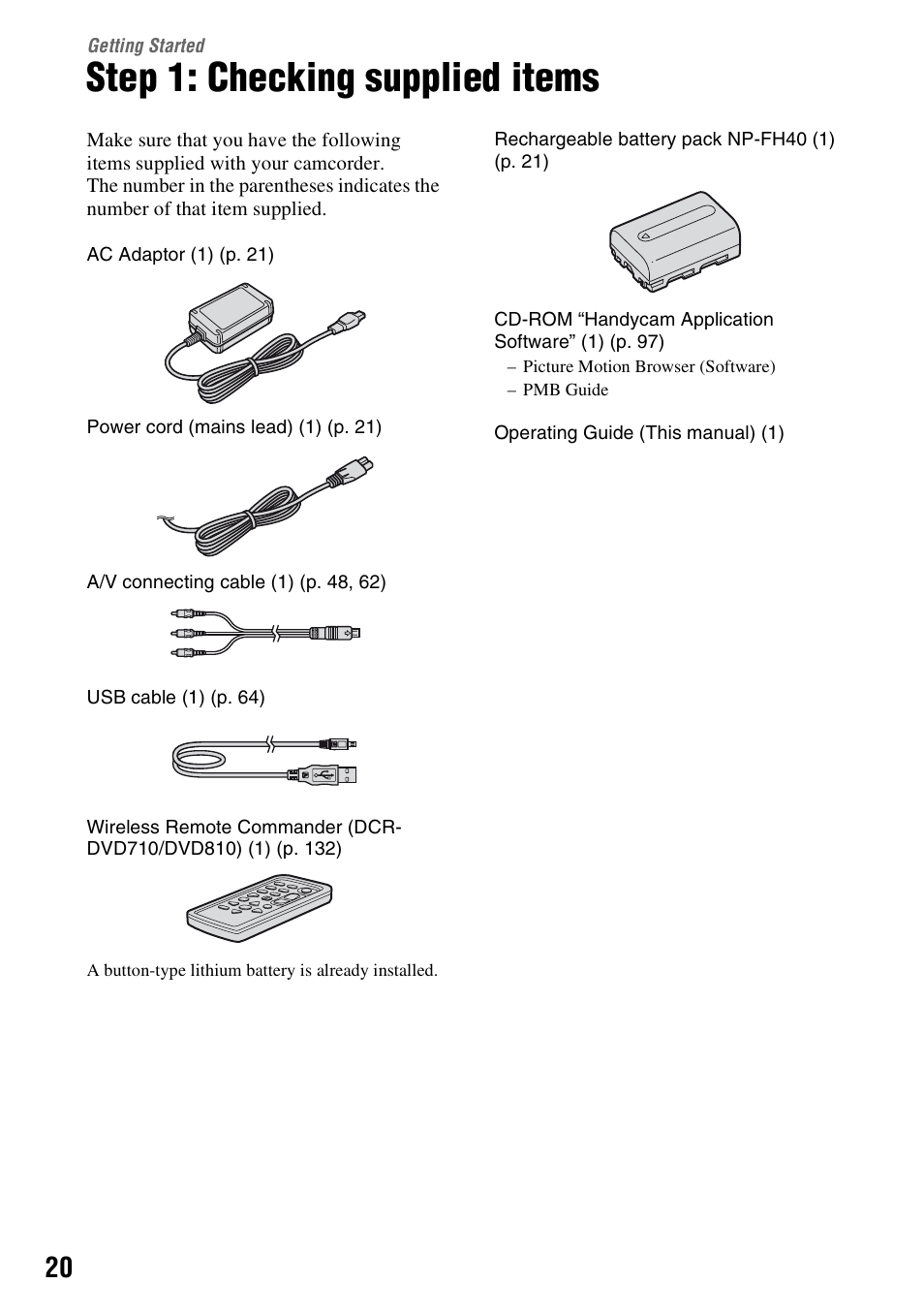 Getting started, Step 1: checking supplied items | Sony DCR-DVD710 User Manual | Page 20 / 159