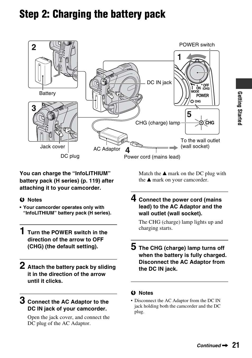Step 2: charging the battery pack, Step 2: charging the battery pack 21, R (1) (p. 21) | P. 21, P. 21) | Sony DCR-DVD710 User Manual | Page 21 / 159