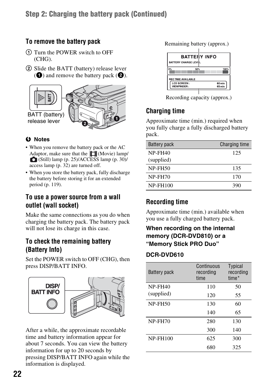 Step 2: charging the battery pack (continued) | Sony DCR-DVD710 User Manual | Page 22 / 159