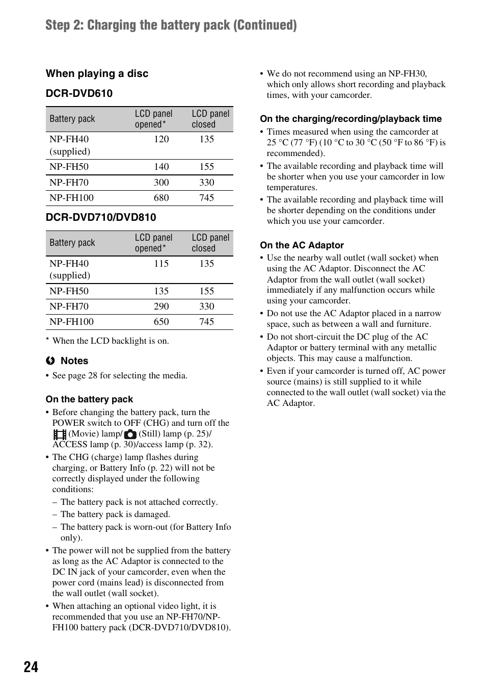 Step 2: charging the battery pack (continued) | Sony DCR-DVD710 User Manual | Page 24 / 159
