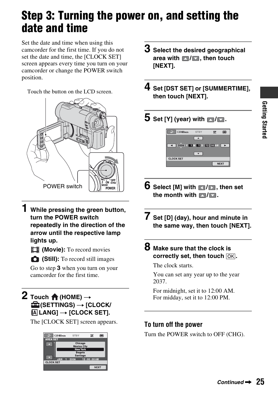 P. 25), Step 3: turning the power on, and, Setting the date and time | Sony DCR-DVD710 User Manual | Page 25 / 159