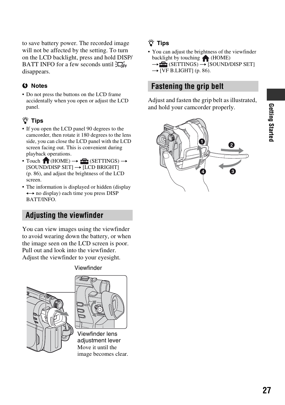 Adjusting the viewfinder, Fastening the grip belt | Sony DCR-DVD710 User Manual | Page 27 / 159