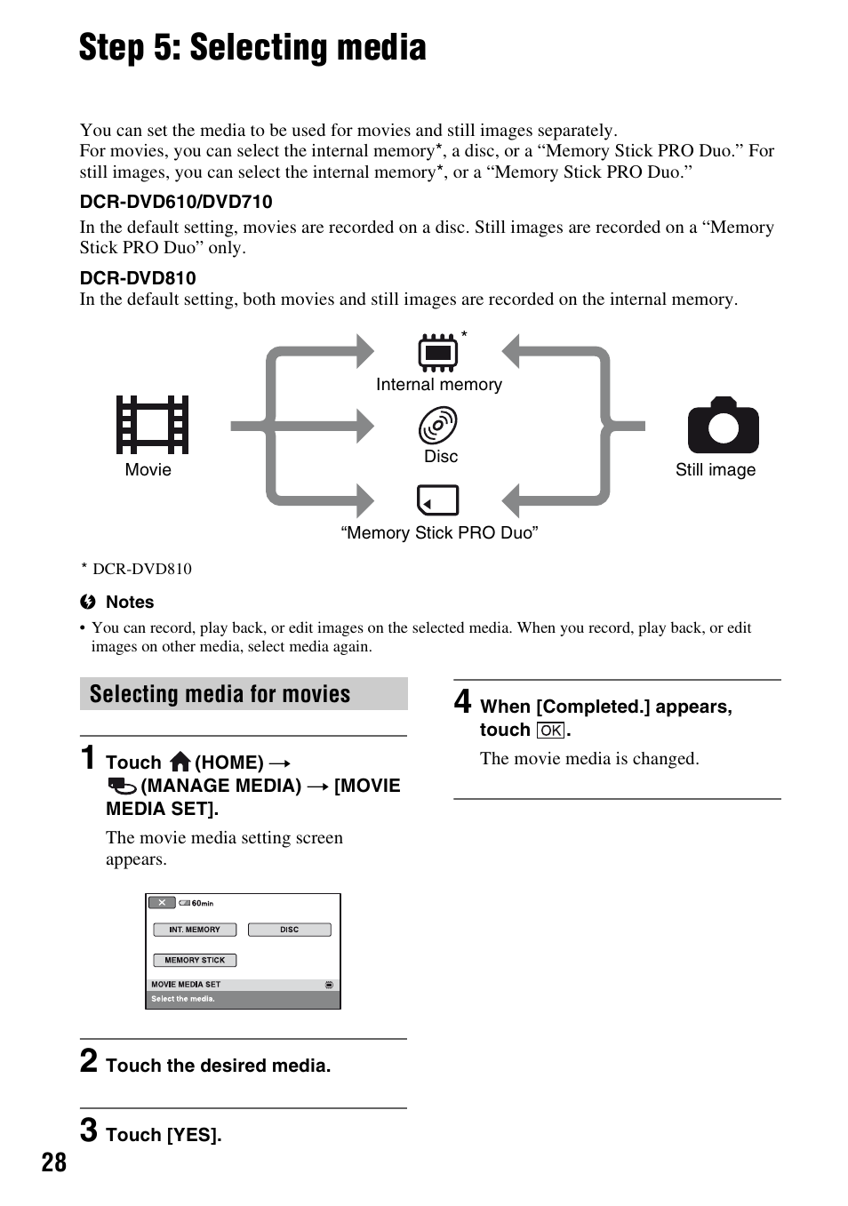 Step 5: selecting media, P. 28) | Sony DCR-DVD710 User Manual | Page 28 / 159