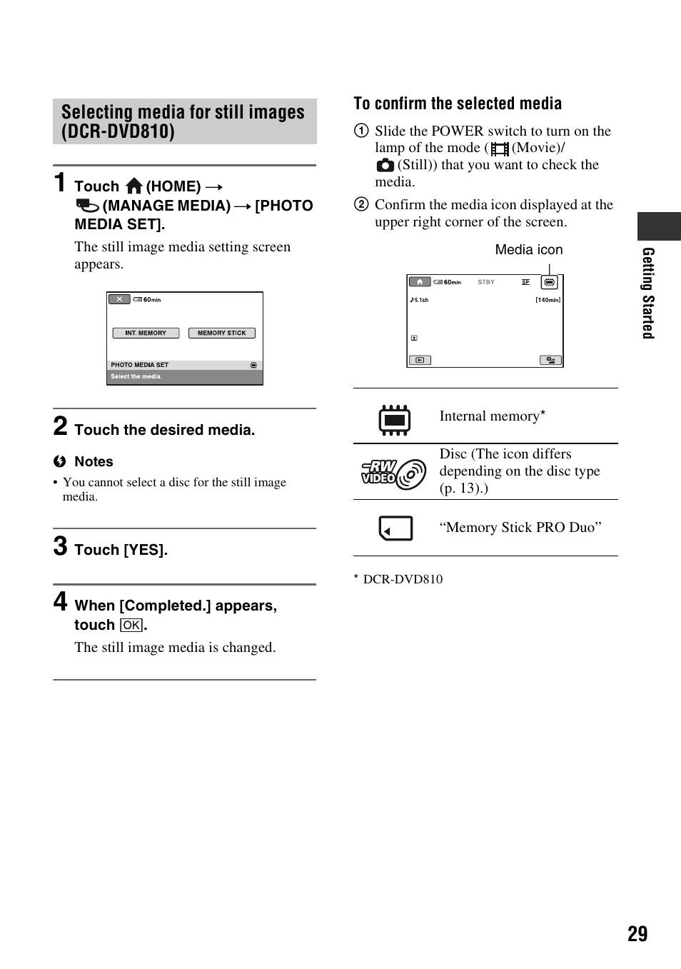 Selecting media for still images (dcr-dvd810) | Sony DCR-DVD710 User Manual | Page 29 / 159