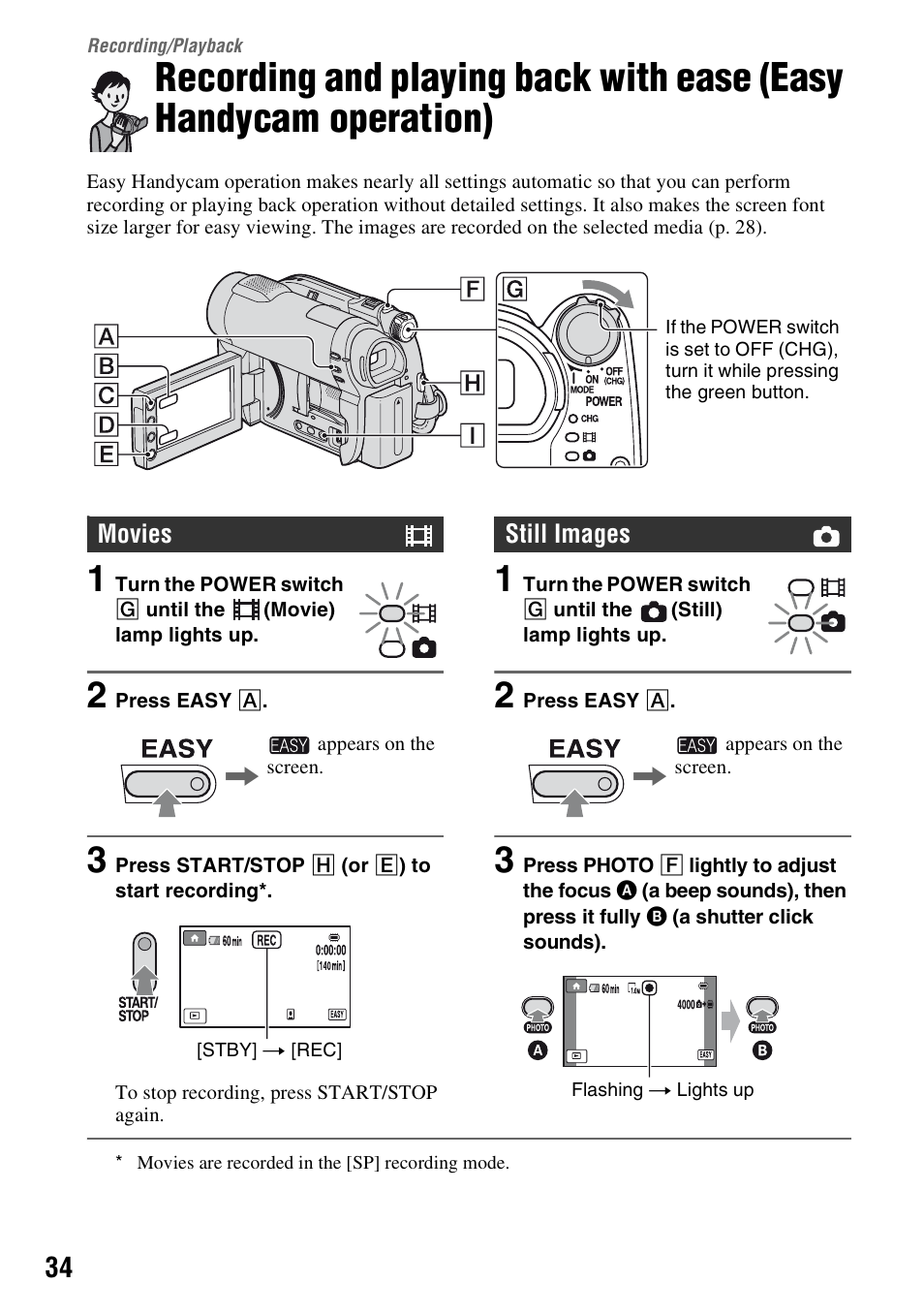 Recording/playback, Reco, Playback 34 | Recording and playing back with ease, P. 34), On (p. 34 | Sony DCR-DVD710 User Manual | Page 34 / 159