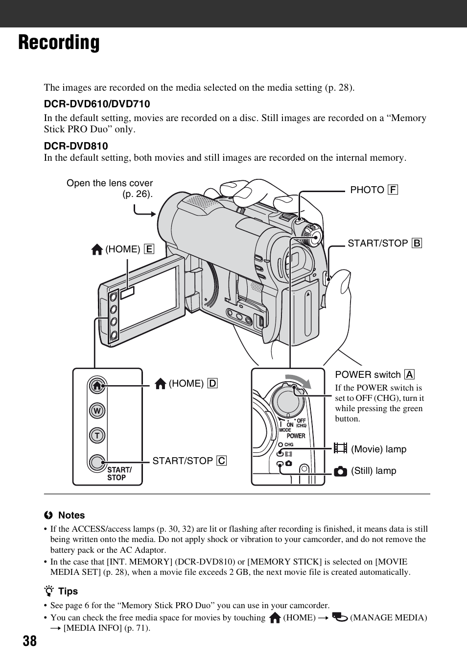 Recording, P. 38) | Sony DCR-DVD710 User Manual | Page 38 / 159