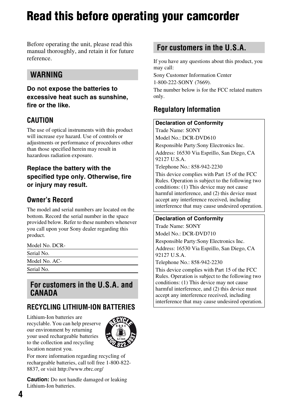 Read this before operating your camcorder, Warning | Sony DCR-DVD710 User Manual | Page 4 / 159