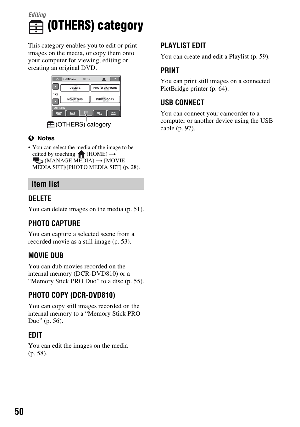 Editing, Others) category, Item list | Sony DCR-DVD710 User Manual | Page 50 / 159