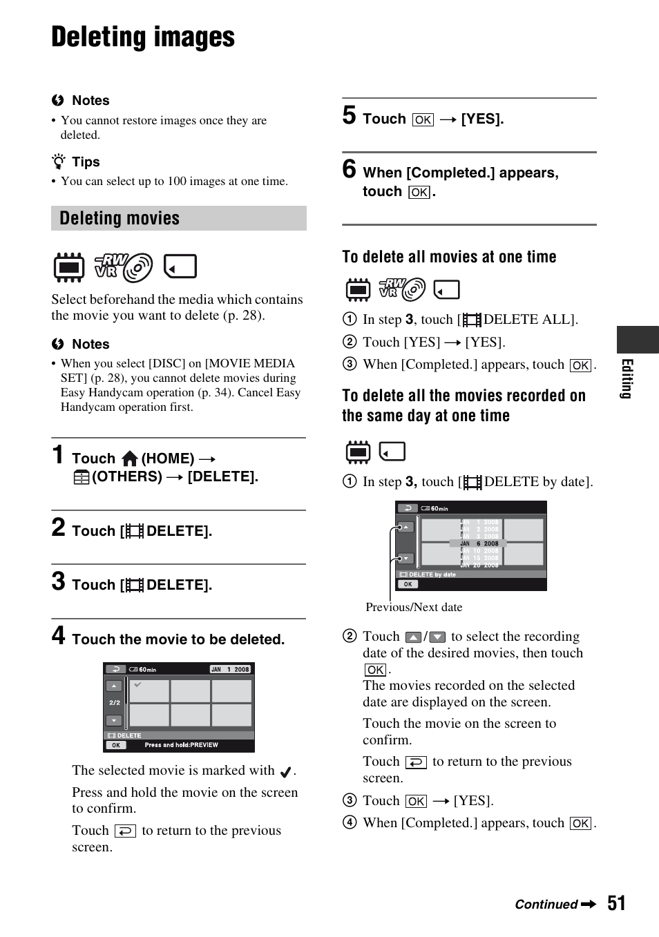 Deleting images, P. 51, Deleting movies | Sony DCR-DVD710 User Manual | Page 51 / 159