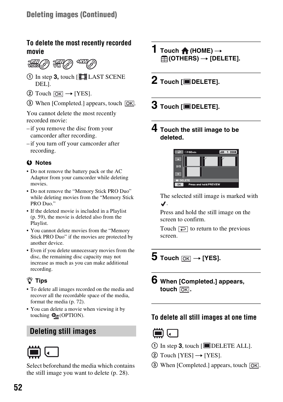 Deleting images (continued), Deleting still images | Sony DCR-DVD710 User Manual | Page 52 / 159