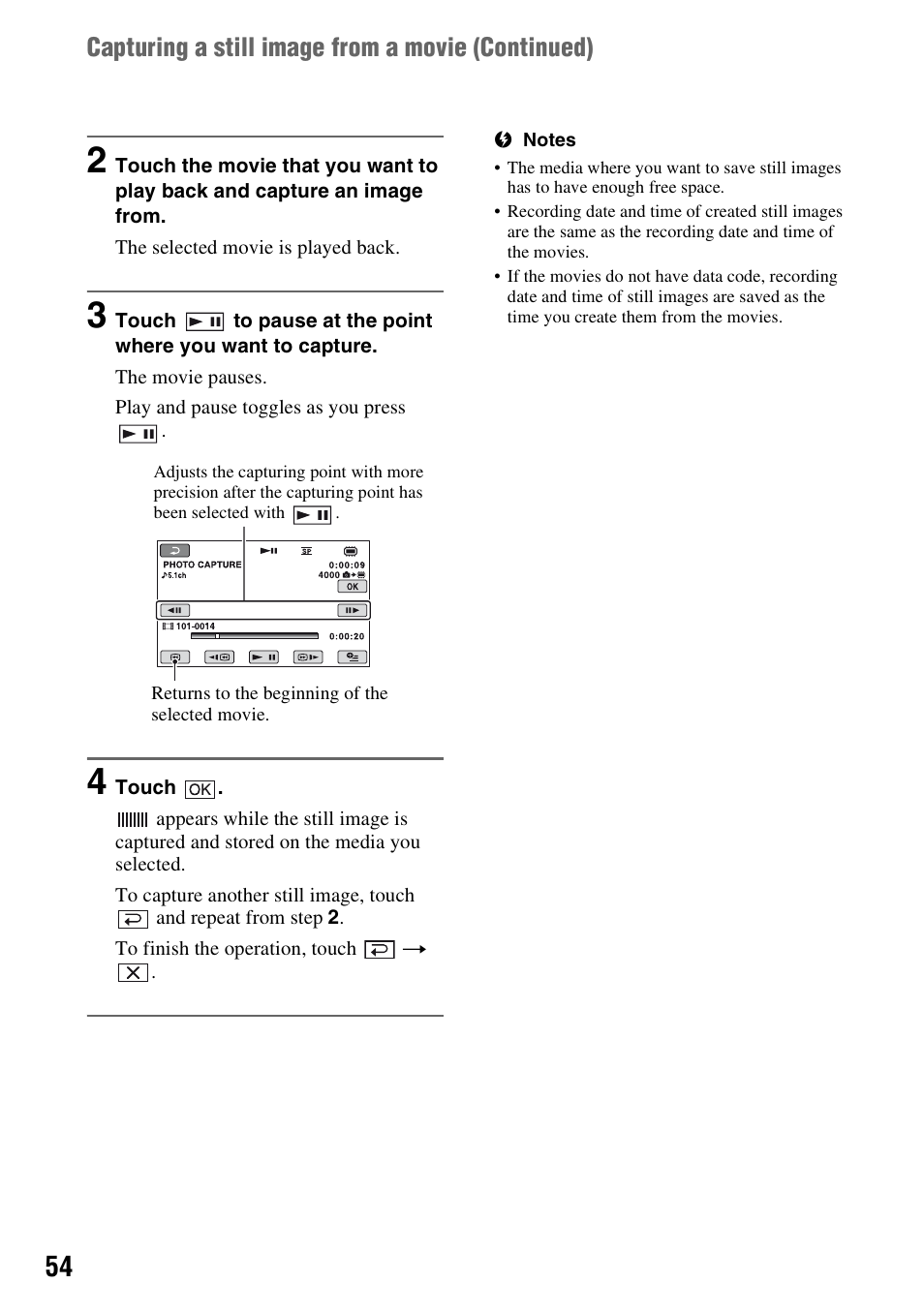 Capturing a still image from a movie (continued) | Sony DCR-DVD710 User Manual | Page 54 / 159