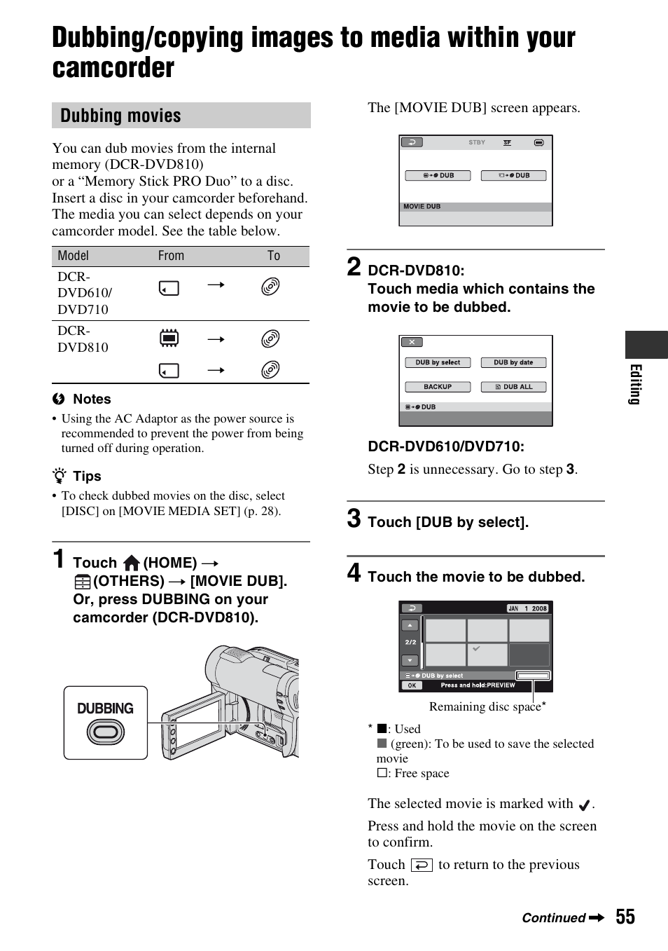 P. 55, Dubbing/copying images to media, Within your camcorder | P. 55), Dubbing movies | Sony DCR-DVD710 User Manual | Page 55 / 159