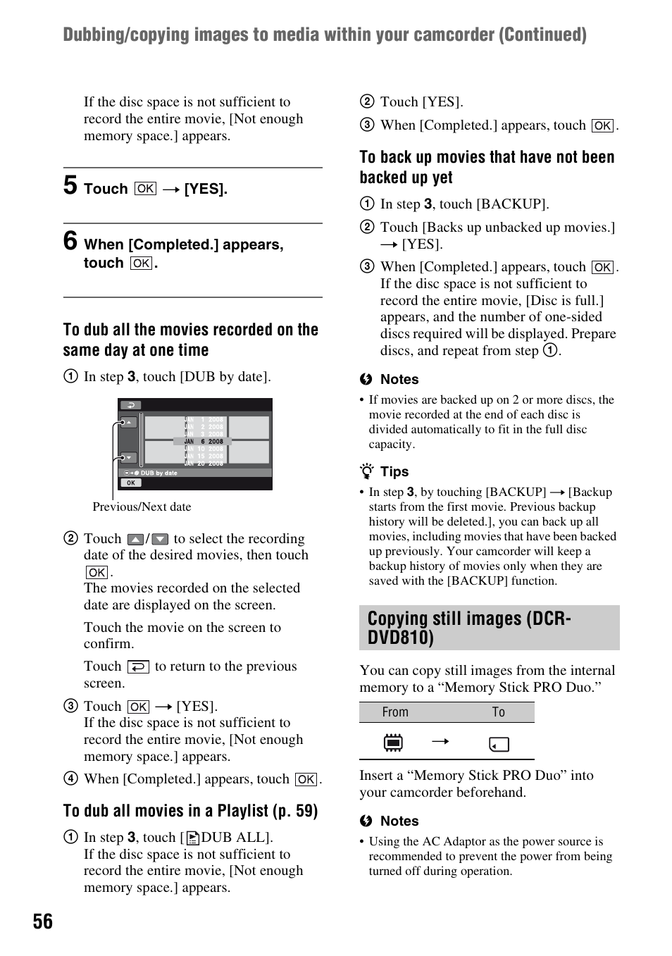 P. 56, Copying still images (dcr- dvd810) | Sony DCR-DVD710 User Manual | Page 56 / 159