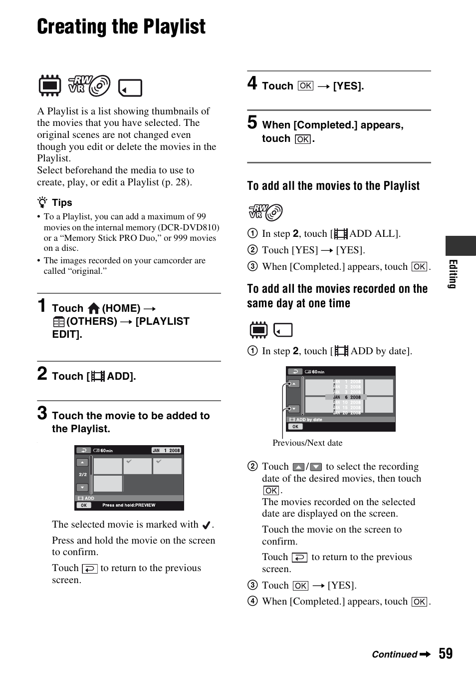 Creating the playlist, P. 59) | Sony DCR-DVD710 User Manual | Page 59 / 159