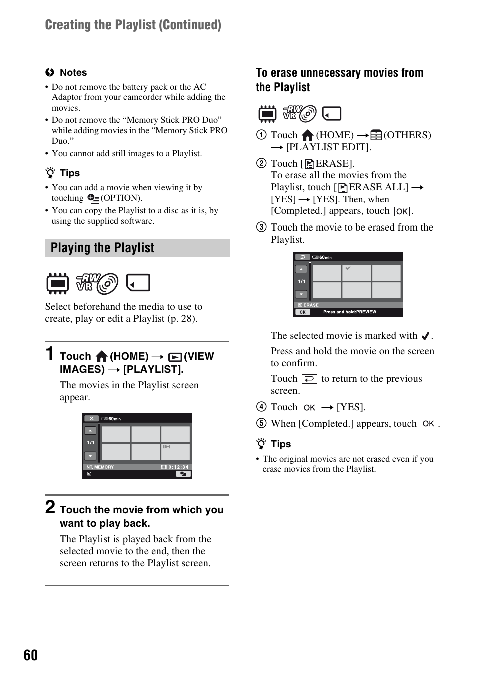 Creating the playlist (continued), Playing the playlist | Sony DCR-DVD710 User Manual | Page 60 / 159