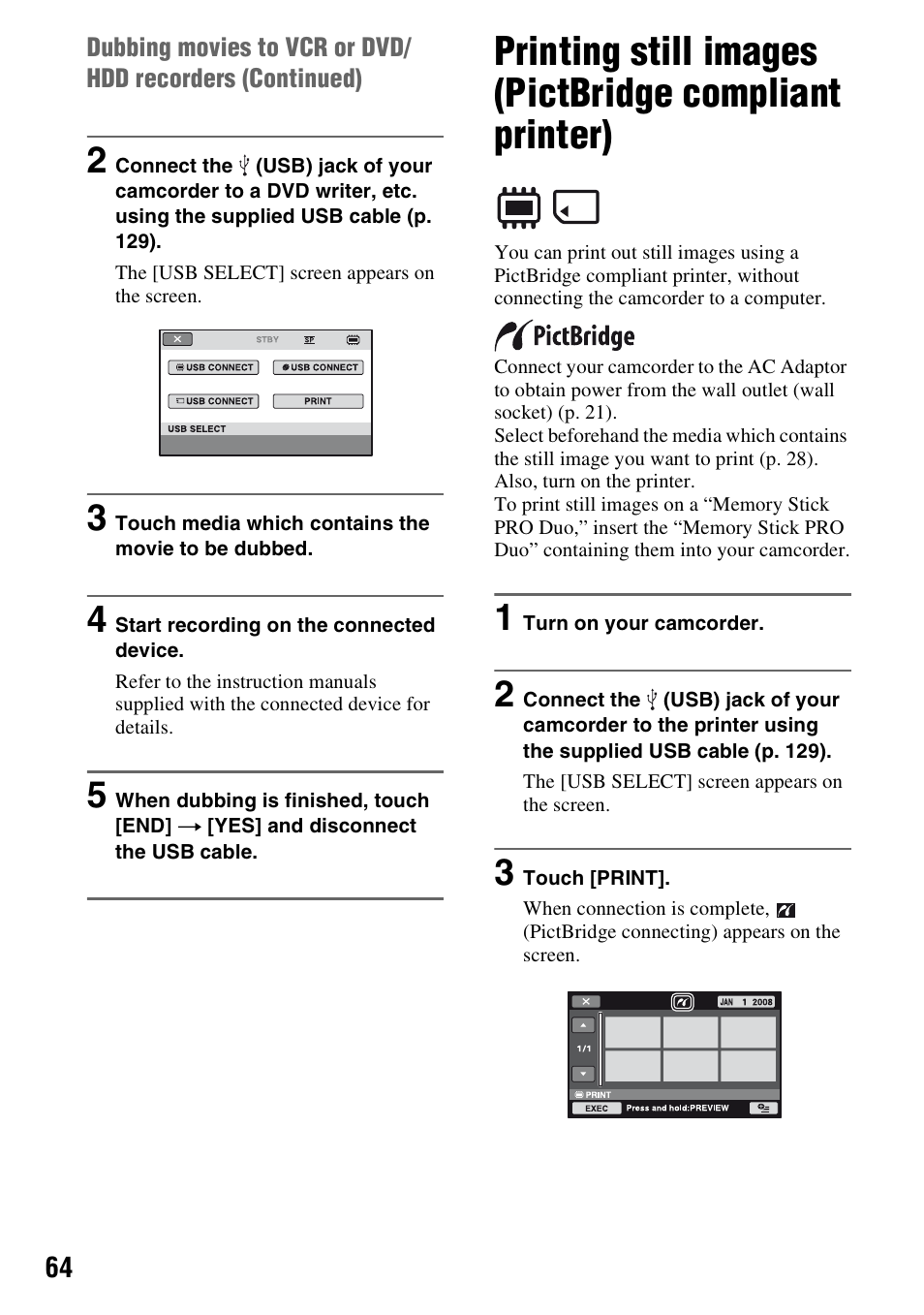 Printing still images (pictbridge, Compliant printer), P. 64) | R (p. 64) | Sony DCR-DVD710 User Manual | Page 64 / 159