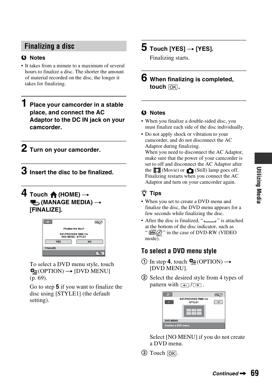 Finalizing a disc | Sony DCR-DVD710 User Manual | Page 69 / 159