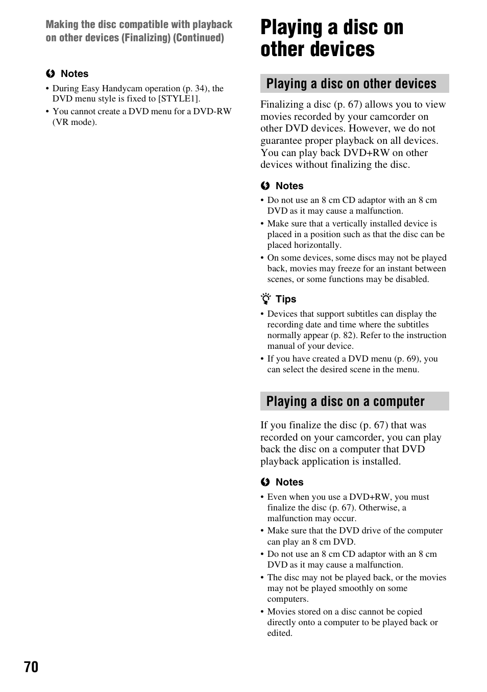Playing a disc on other devices, P. 70) | Sony DCR-DVD710 User Manual | Page 70 / 159