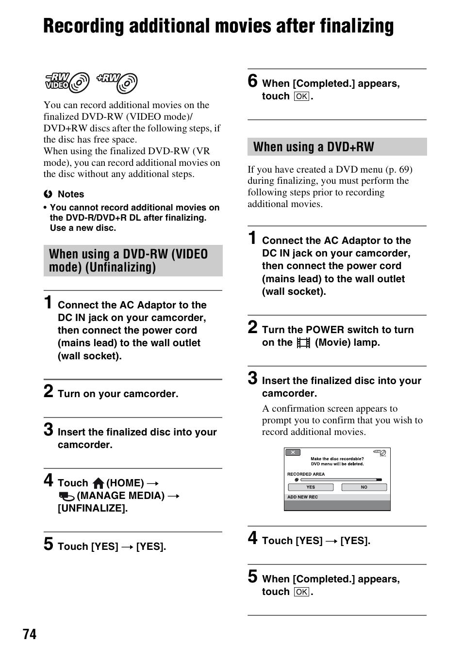 Recording additional movies after finalizing, Recording additional movies after, Finalizing | P. 74), Sc (p. 74) | Sony DCR-DVD710 User Manual | Page 74 / 159