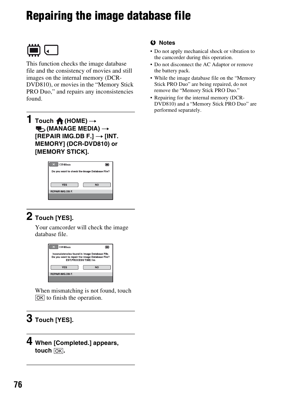 Repairing the image database file, P. 76) | Sony DCR-DVD710 User Manual | Page 76 / 159