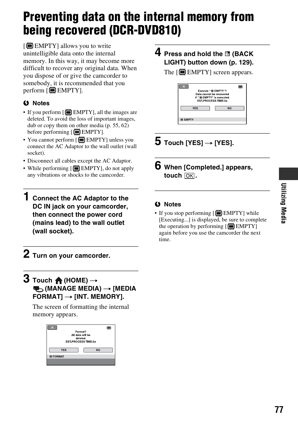 P. 77) t, Preventing data on the internal, Memory from being recovered (dcr-dvd810) | Sony DCR-DVD710 User Manual | Page 77 / 159