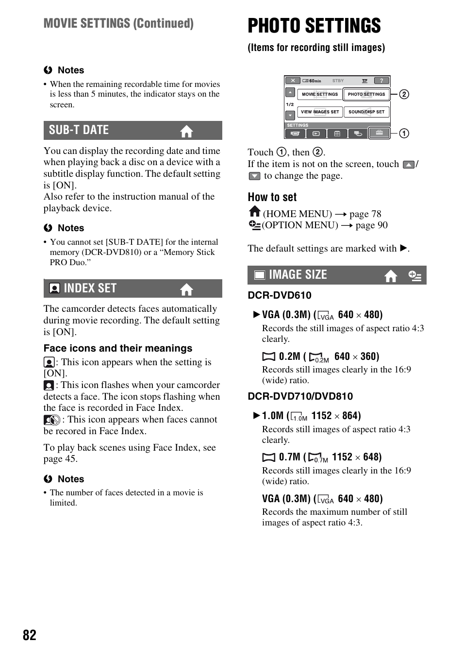 Photo settings, Items for recording still images), P. 82) | Movie settings (continued), Sub-t date index set, Image size | Sony DCR-DVD710 User Manual | Page 82 / 159