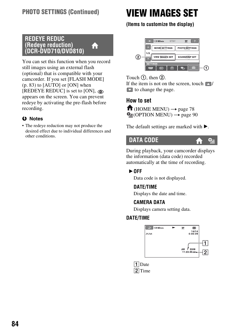 View images set, Items to customize the display), P. 84) | T (p. 84), Photo settings (continued) | Sony DCR-DVD710 User Manual | Page 84 / 159