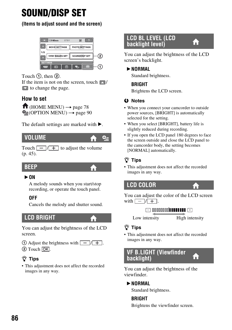 Sound/disp set, Items to adjust sound and the screen), P. 86) | Volume beep lcd bright | Sony DCR-DVD710 User Manual | Page 86 / 159