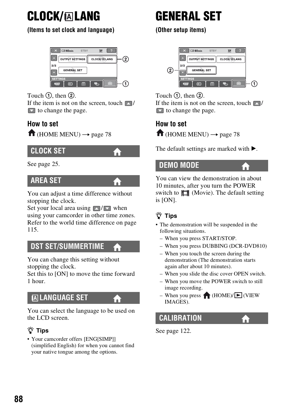 Clock/lang, Items to set clock and language), General set | Other setup items), Clock, Lang, Ng (p. 88), P. 88), Clock/ lang | Sony DCR-DVD710 User Manual | Page 88 / 159