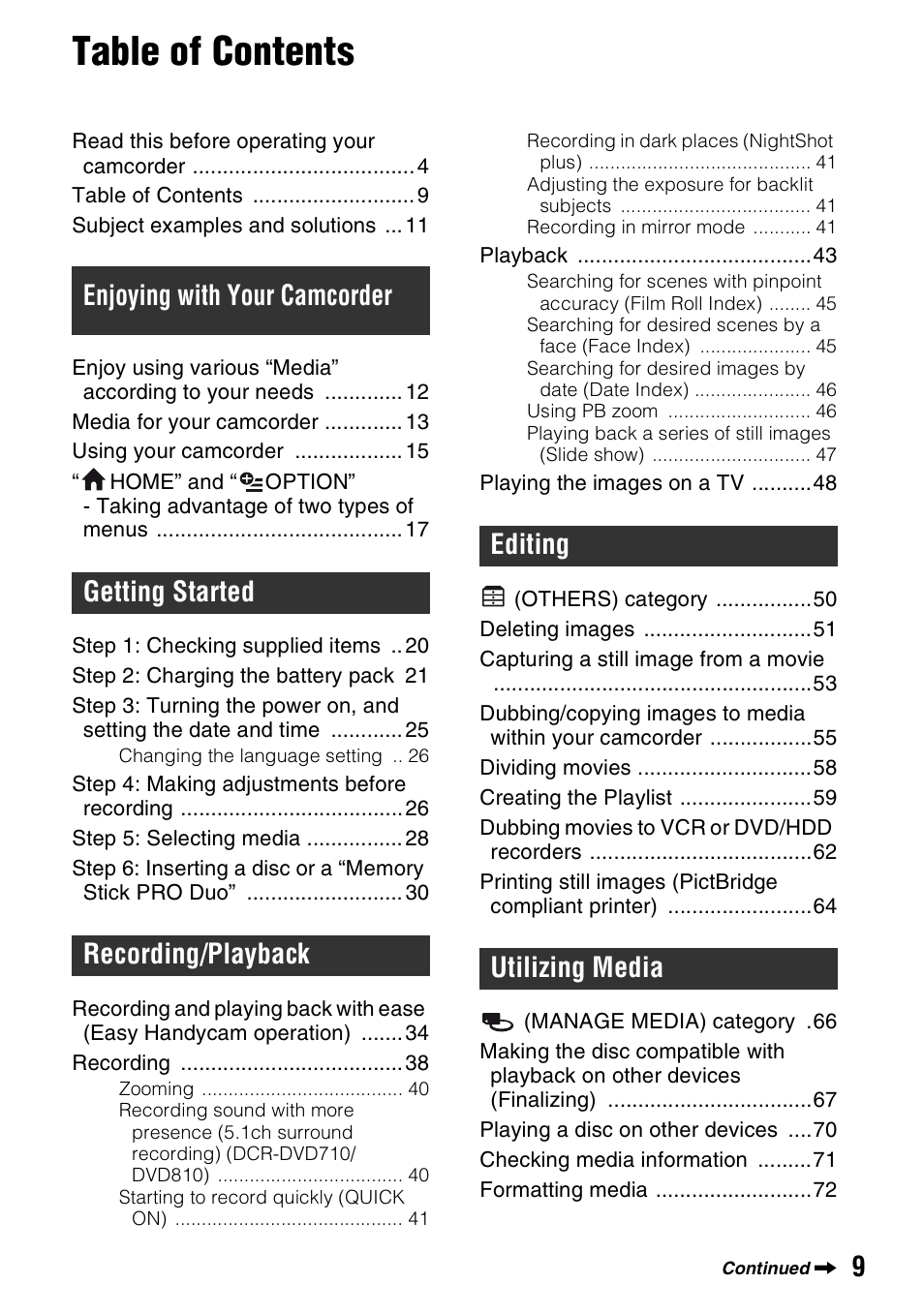 Sony DCR-DVD710 User Manual | Page 9 / 159