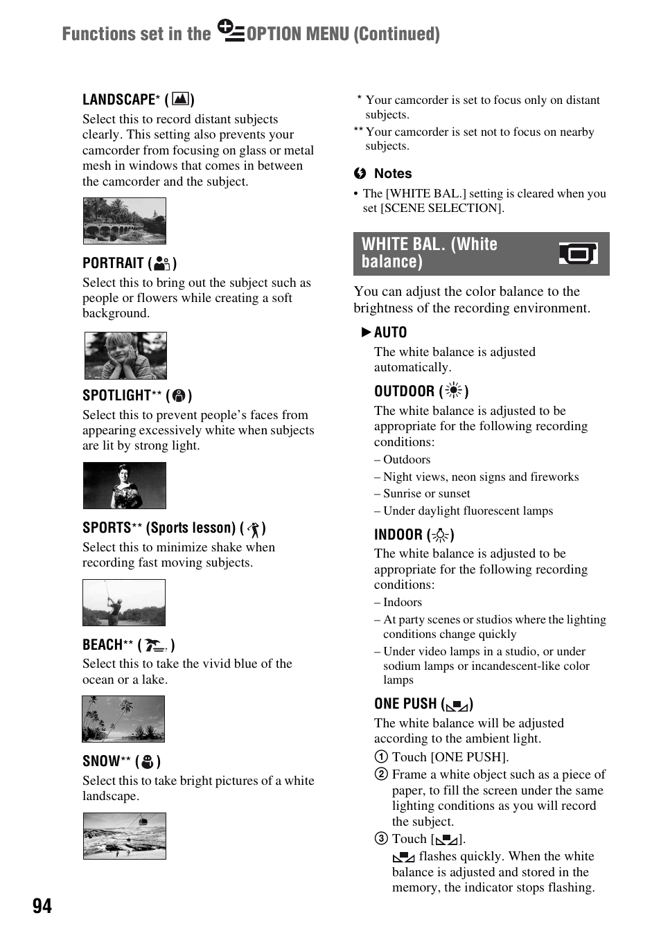 Functions set in the option menu (continued), White bal. (white balance) | Sony DCR-DVD710 User Manual | Page 94 / 159